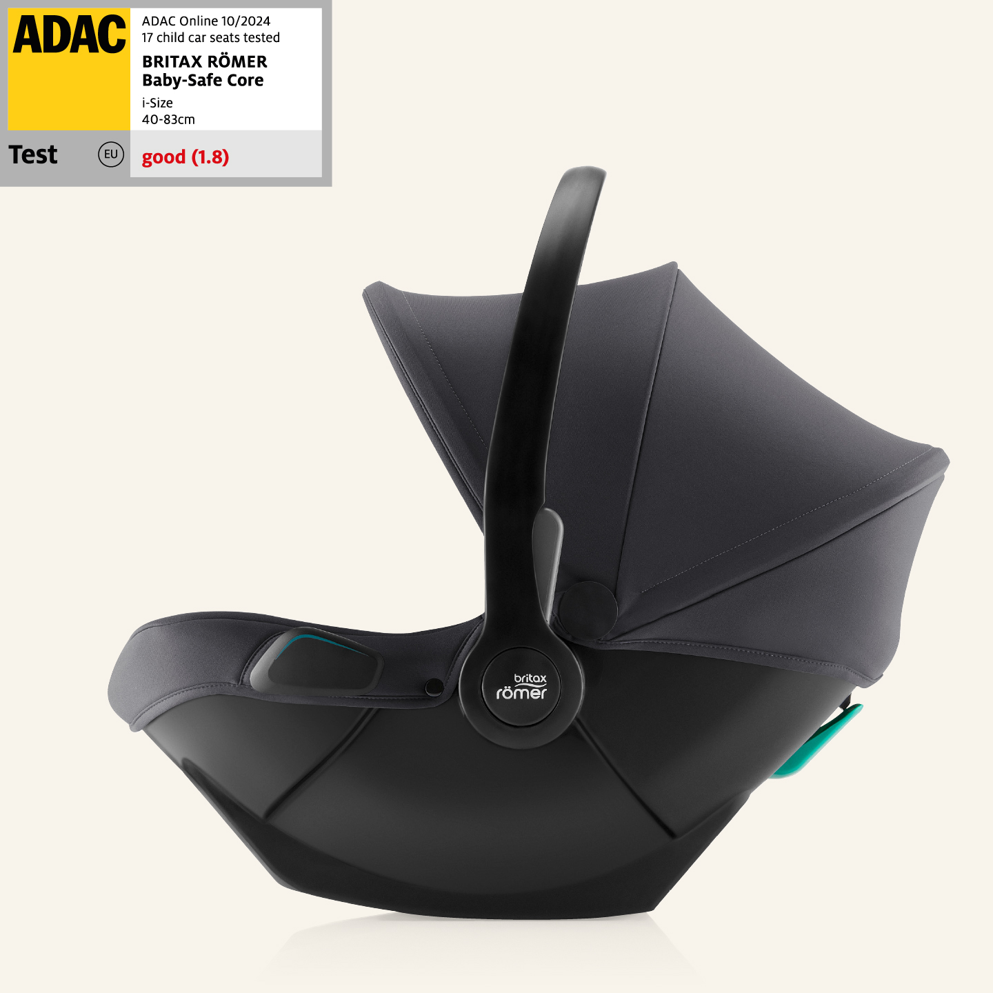 Cadeira auto para beb&eacute; Britax R&ouml;mer BABY-SAFE CORE; ao lado, uma etiqueta de teste ADAC com a classifica&ccedil;&atilde;o bom (1,8).